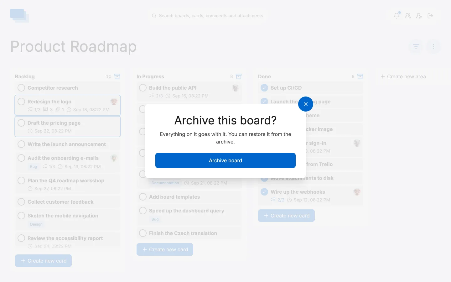 The confirmation asked for before a board is archived