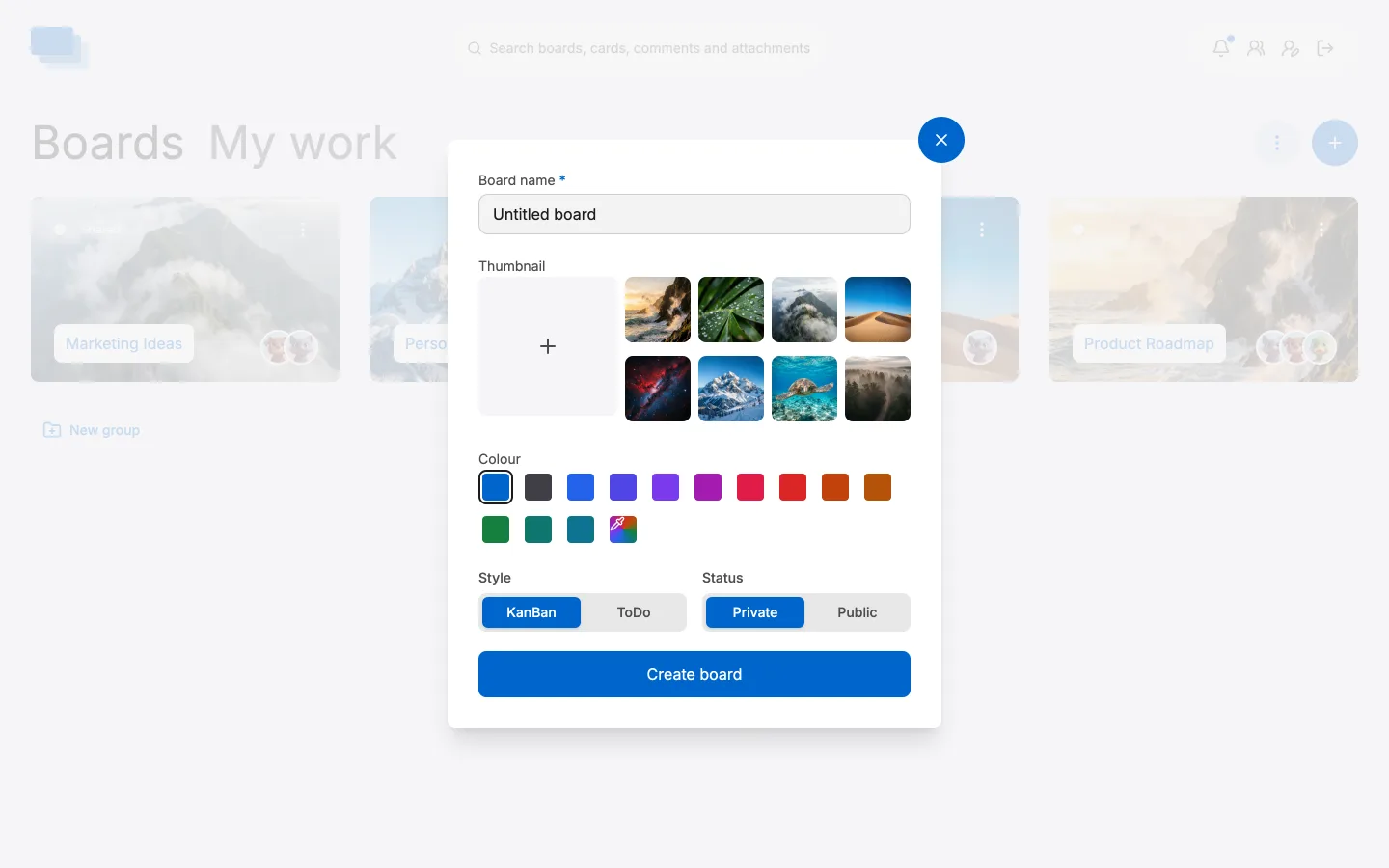 The dialog for a new board, with its name, thumbnail, colour, style and privacy