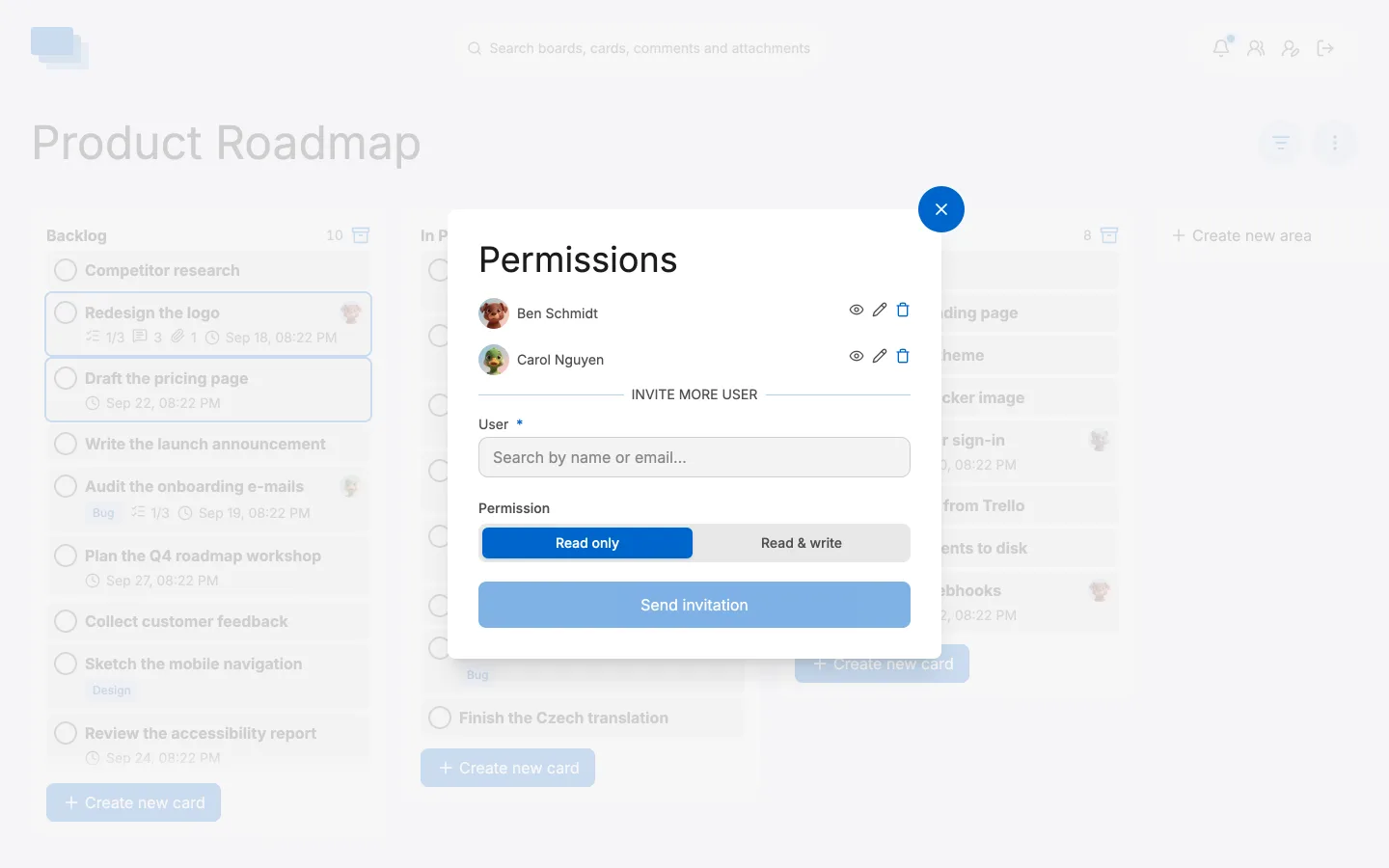 The permissions dialog, listing two members and the field for adding another
