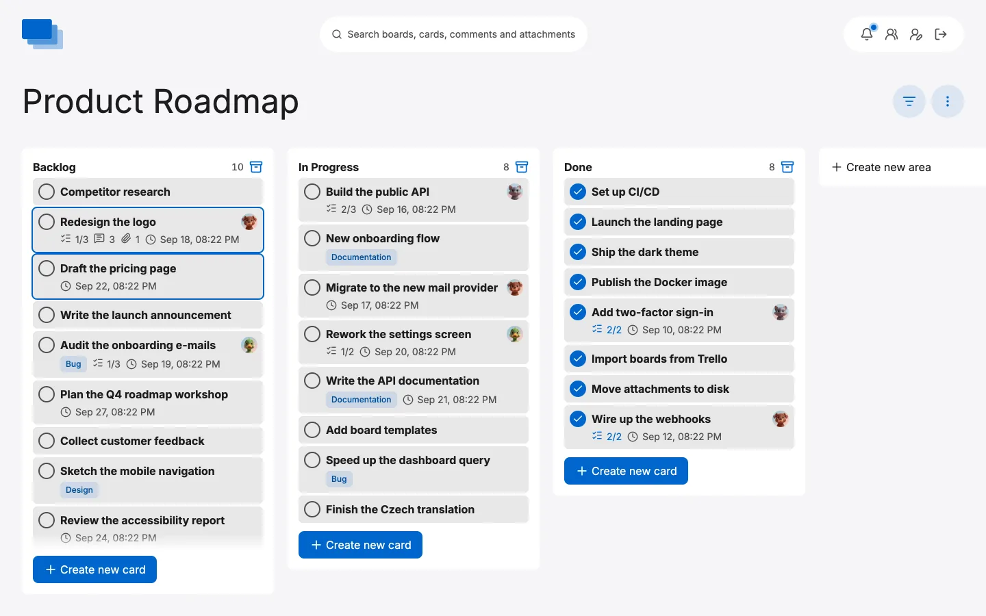 A board with three areas and the panel for creating another