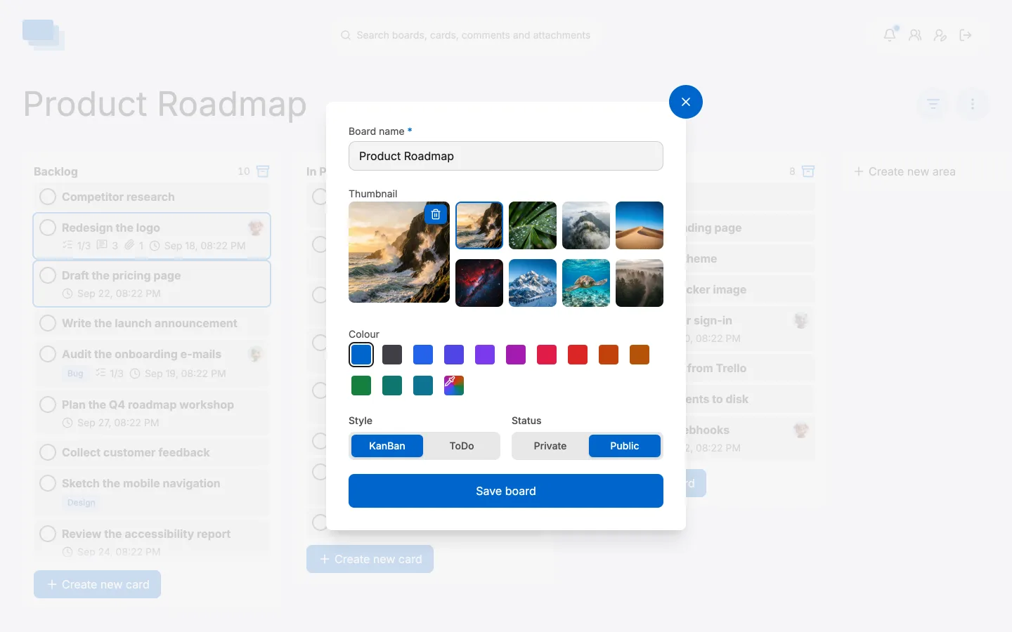 The board options dialog: name, thumbnail, colour, style and status