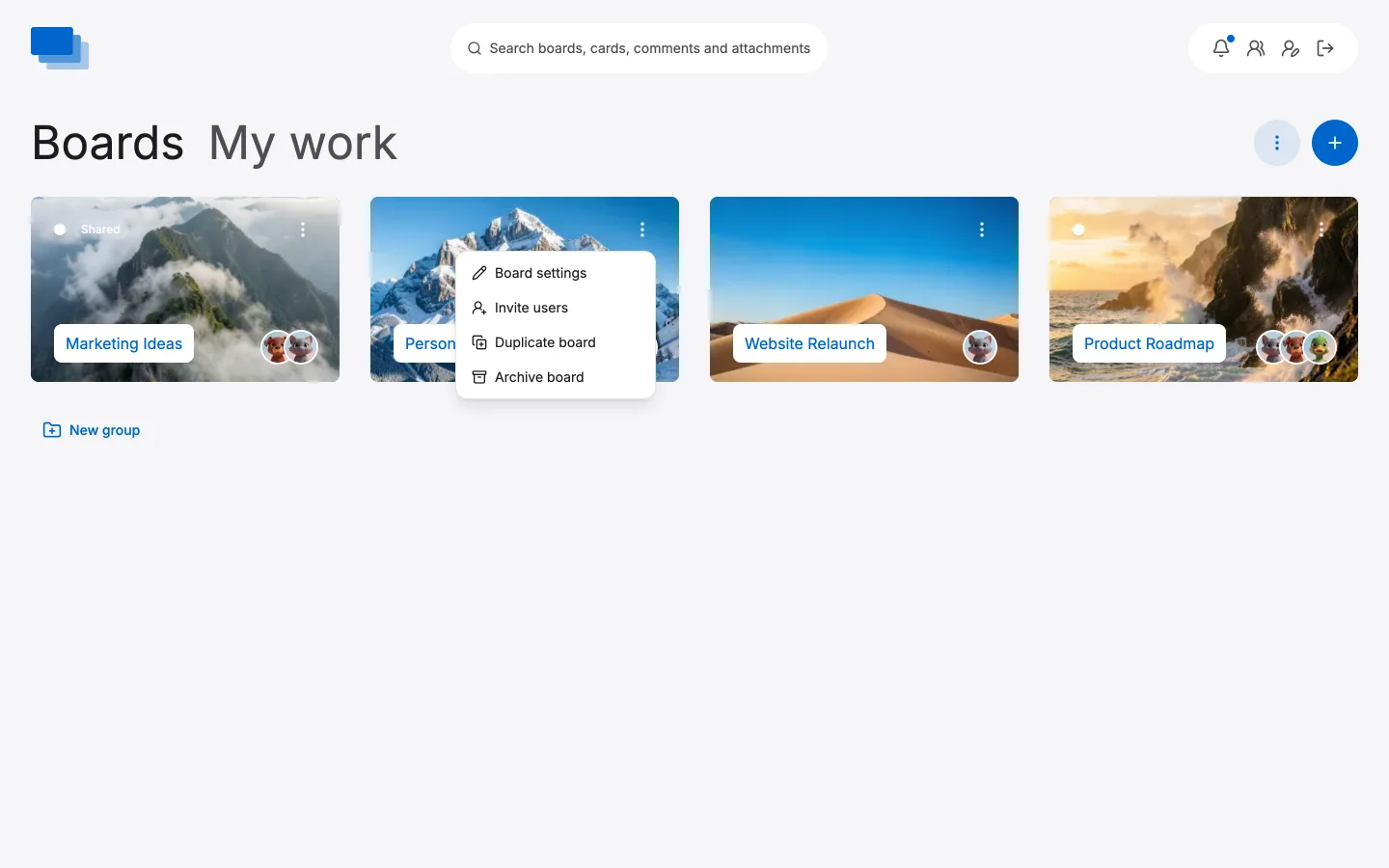 A board tile's menu, with settings, invite, duplicate and archive