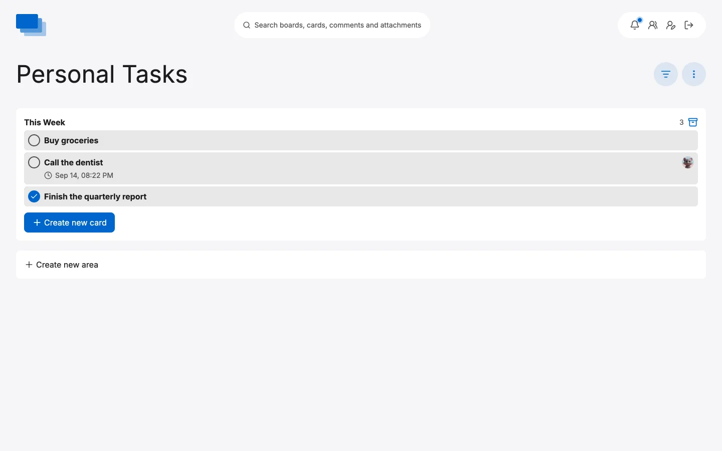 The same board in the ToDo style, with its areas stacked full width