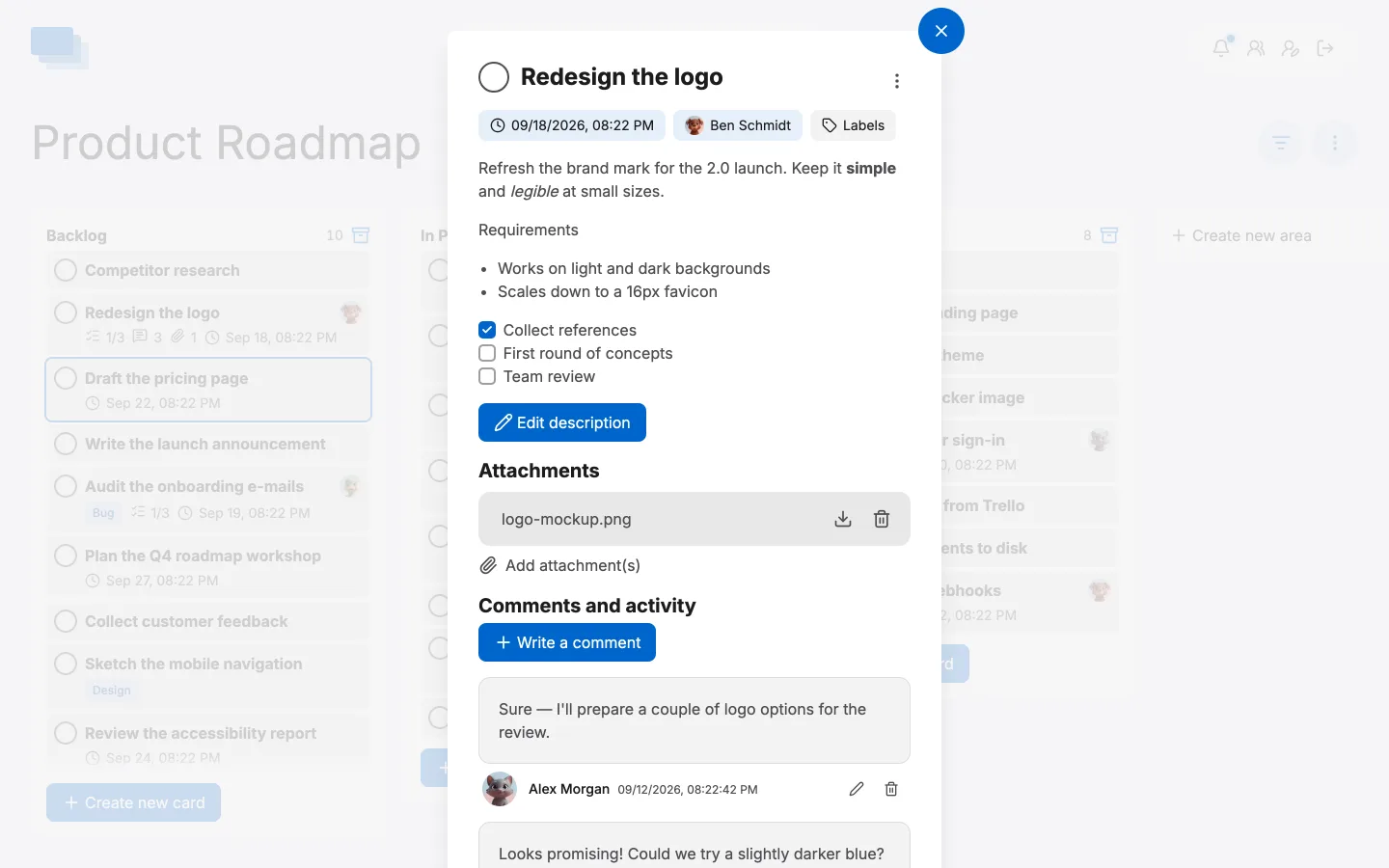 An open card, with its due date, assignee, description, checklist, attachments and comments