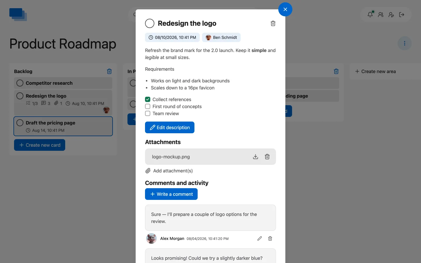 A LokalBoards board with cards, checklists and comments